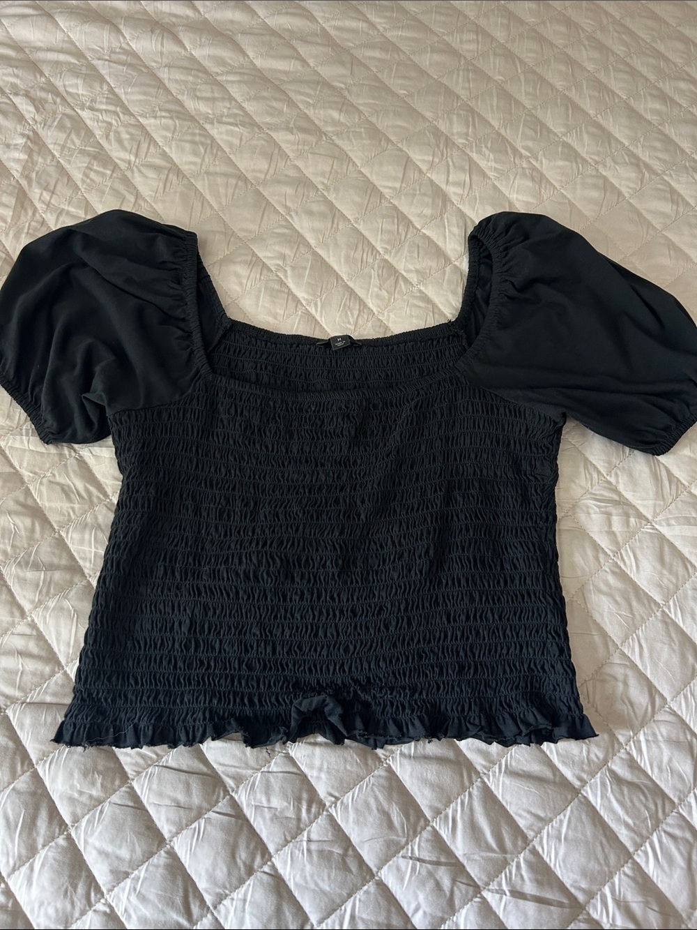 J. Crew Black Smocked Square-Neck Puff Sleeve Crop Top